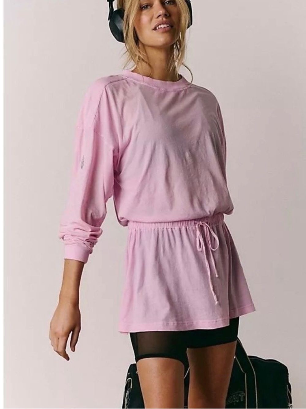 Free People Shirt - Light Pink Drawstring Long Sleeve Tunic